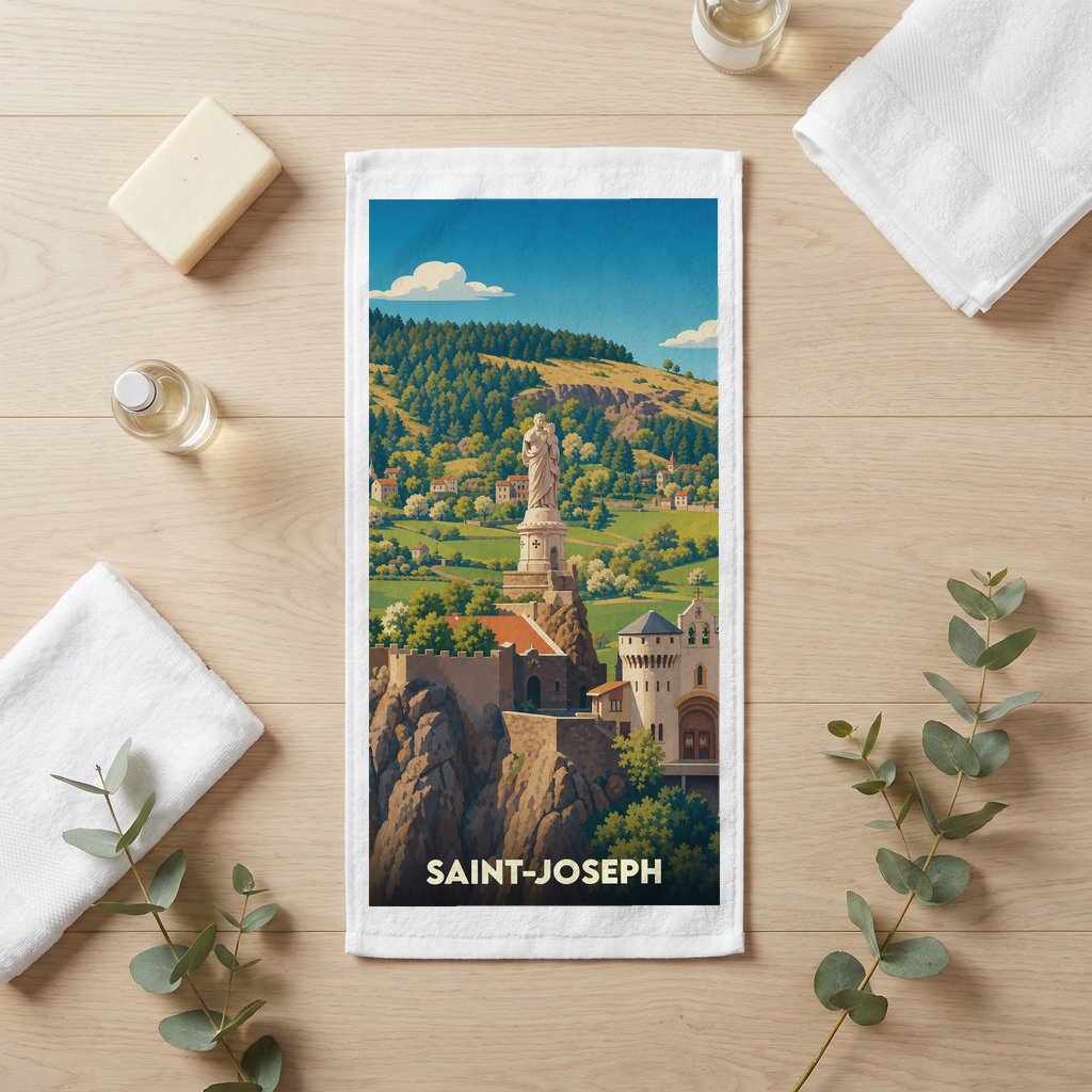 Serviette de bain souvenir de la ville de Saint-Joseph avec une illustration stylisée d'une statue monumentale.