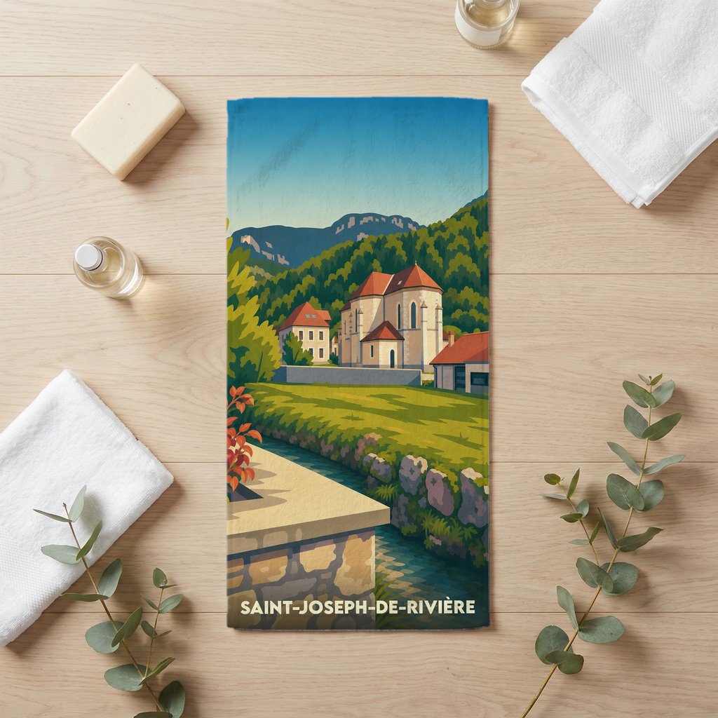 Serviette de bain souvenir de la ville de Saint-Joseph-de-Rivière avec une illustration stylisée.