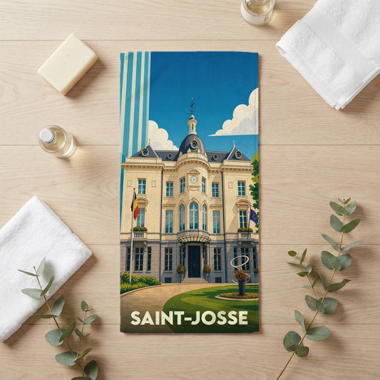 Serviette de bain souvenir de la ville de Saint-Josse ornée d'une illustration stylisée de son hôtel de ville.