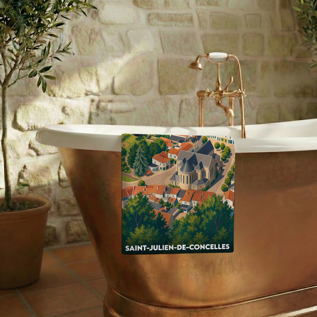 Serviette de bain souvenir de la ville de Saint-Julien-de-Concelles avec une illustration stylisée.