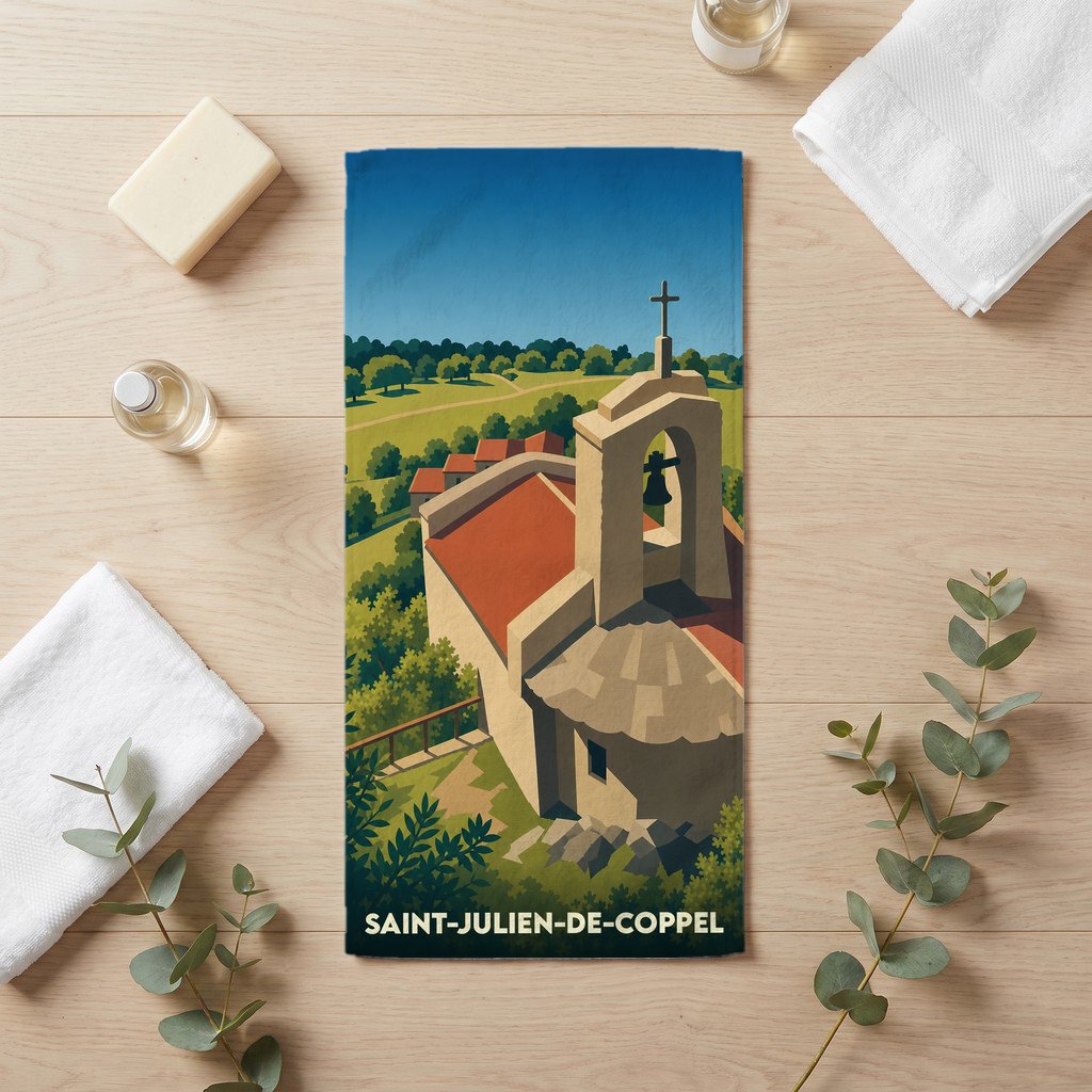 Serviette de bain souvenir de la ville de Saint-Julien-de-Coppel avec une illustration stylisée de son église.