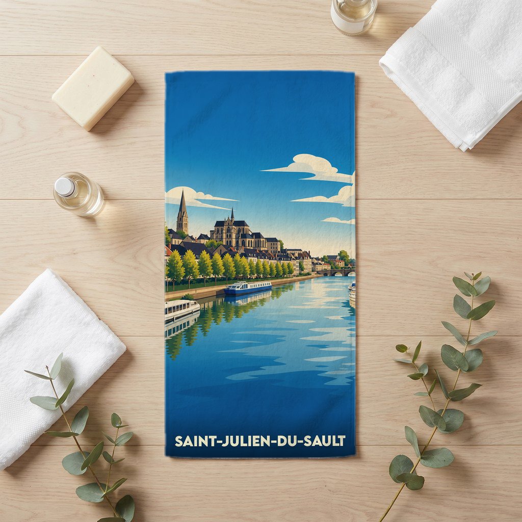 Serviette de bain souvenir de Saint-Julien-du-Sault avec une illustration stylisée des bords de l'Yonne.