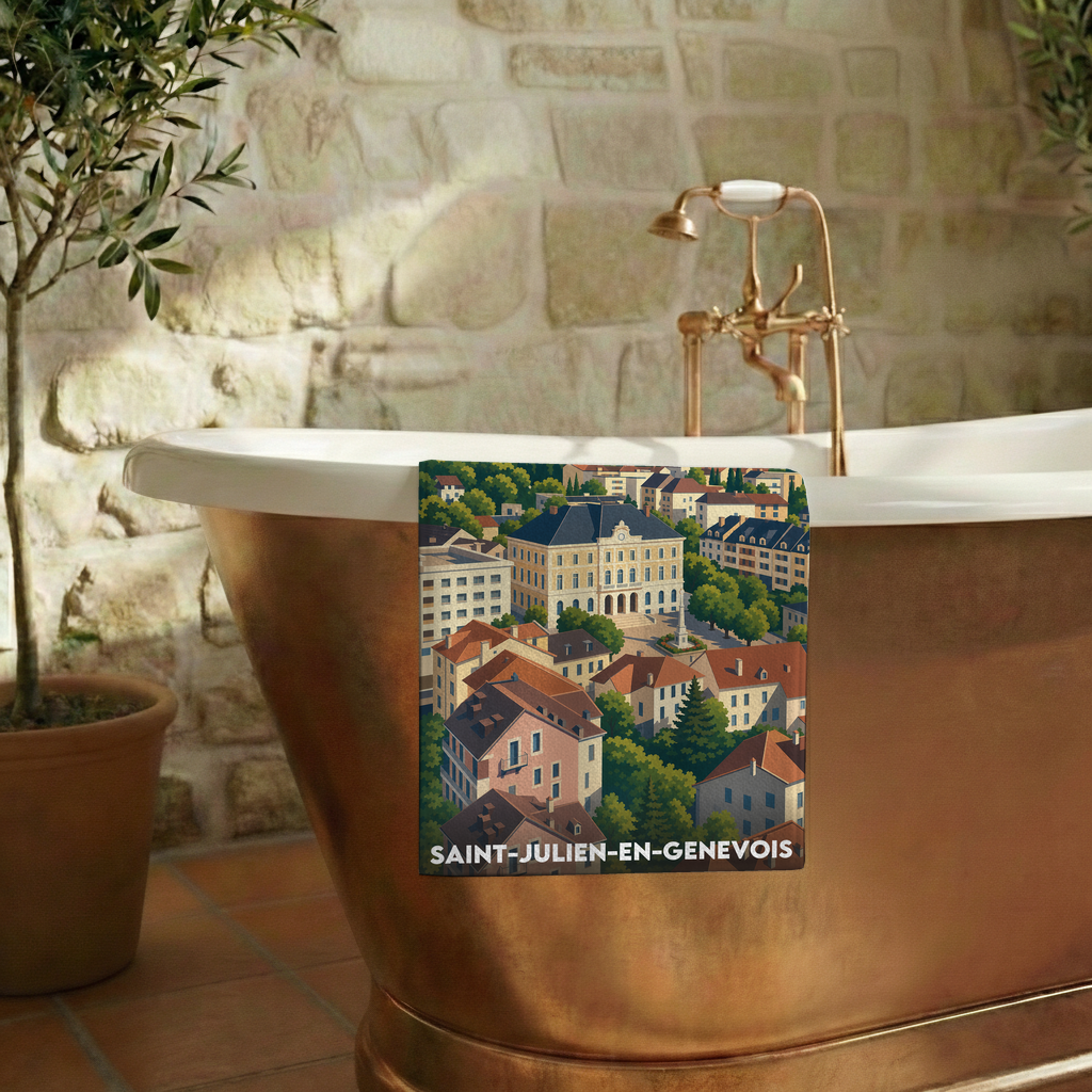 Serviette de bain souvenir de la ville de Saint-Julien-en-Genevois avec une illustration stylisée.