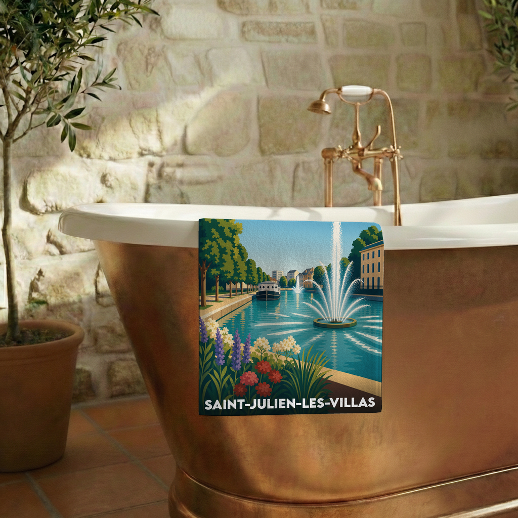 Serviette de bain souvenir de Saint-Julien-les-Villas illustrée d'un paysage de canal avec fontaine.