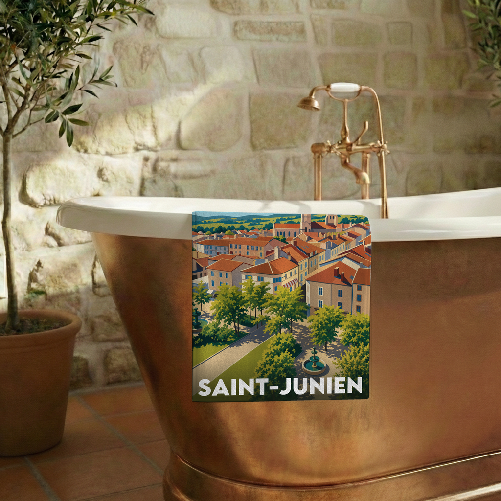 Serviette de bain souvenir de la ville de Saint-Junien avec une illustration stylisée.