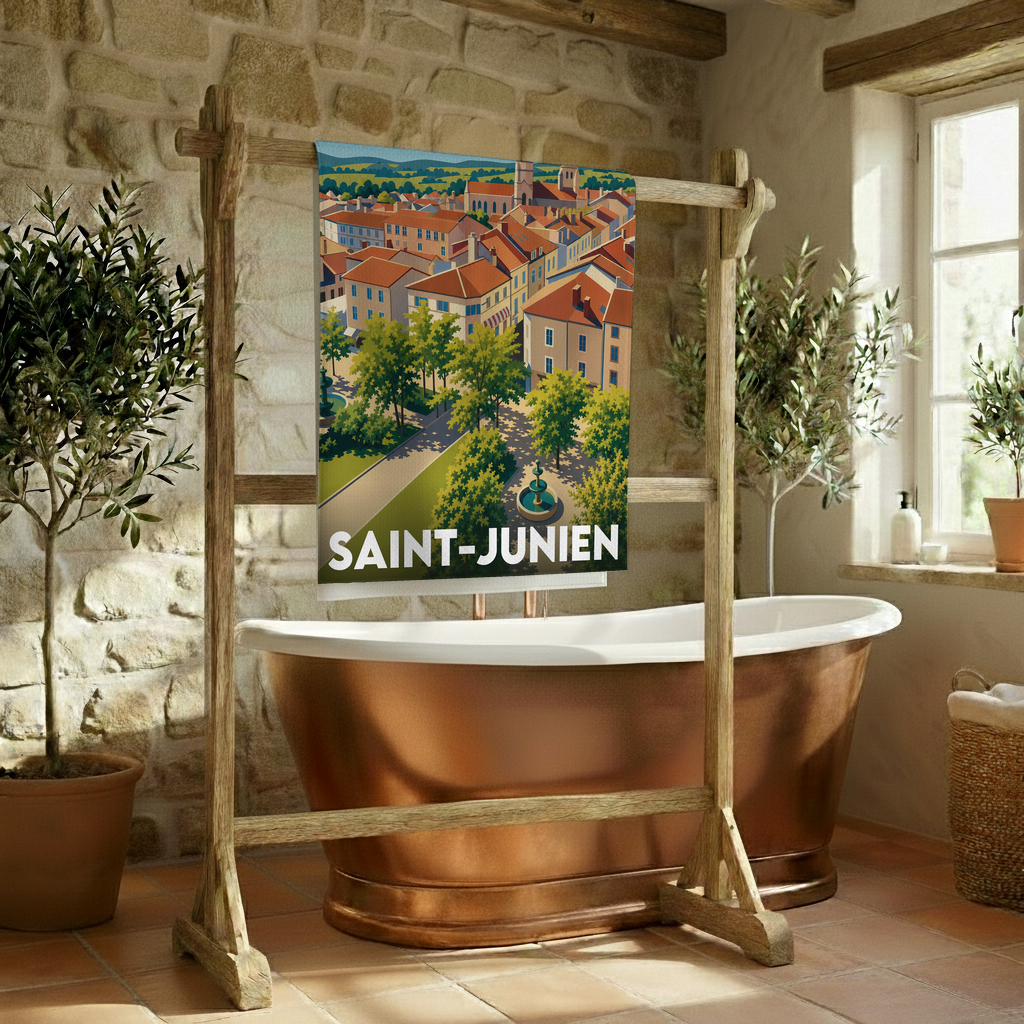 Serviette de bain souvenir de la ville de Saint-Junien avec une illustration stylisée.