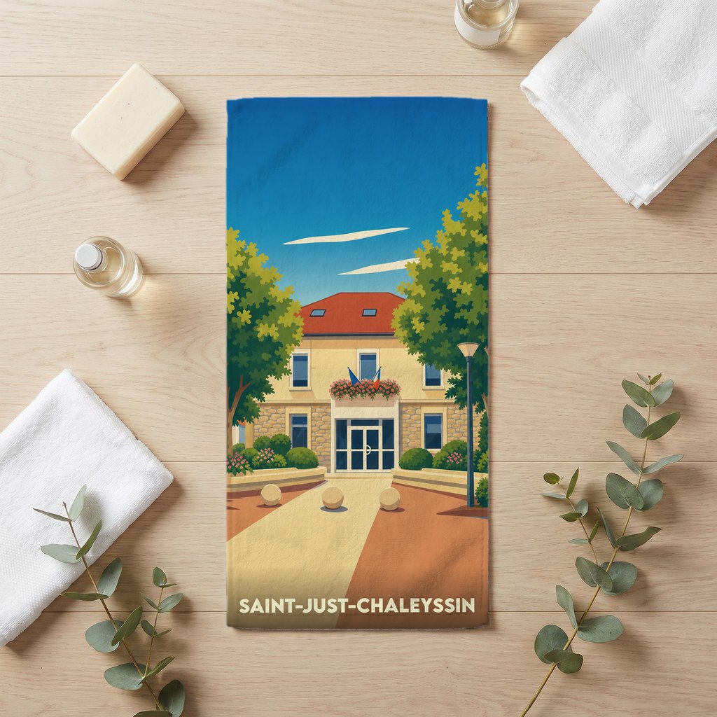 Serviette de bain souvenir de la ville de Saint-Just-Chaleyssin avec une illustration stylisée de sa mairie.