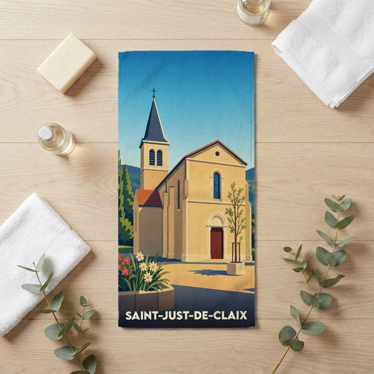 Serviette de bain souvenir de la ville de Saint-Just-de-Claix avec une illustration stylisée de son église.