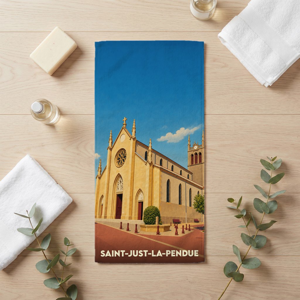 Serviette de bain souvenir de la ville de Saint-Just-la-Pendue avec une illustration stylisée de son église.