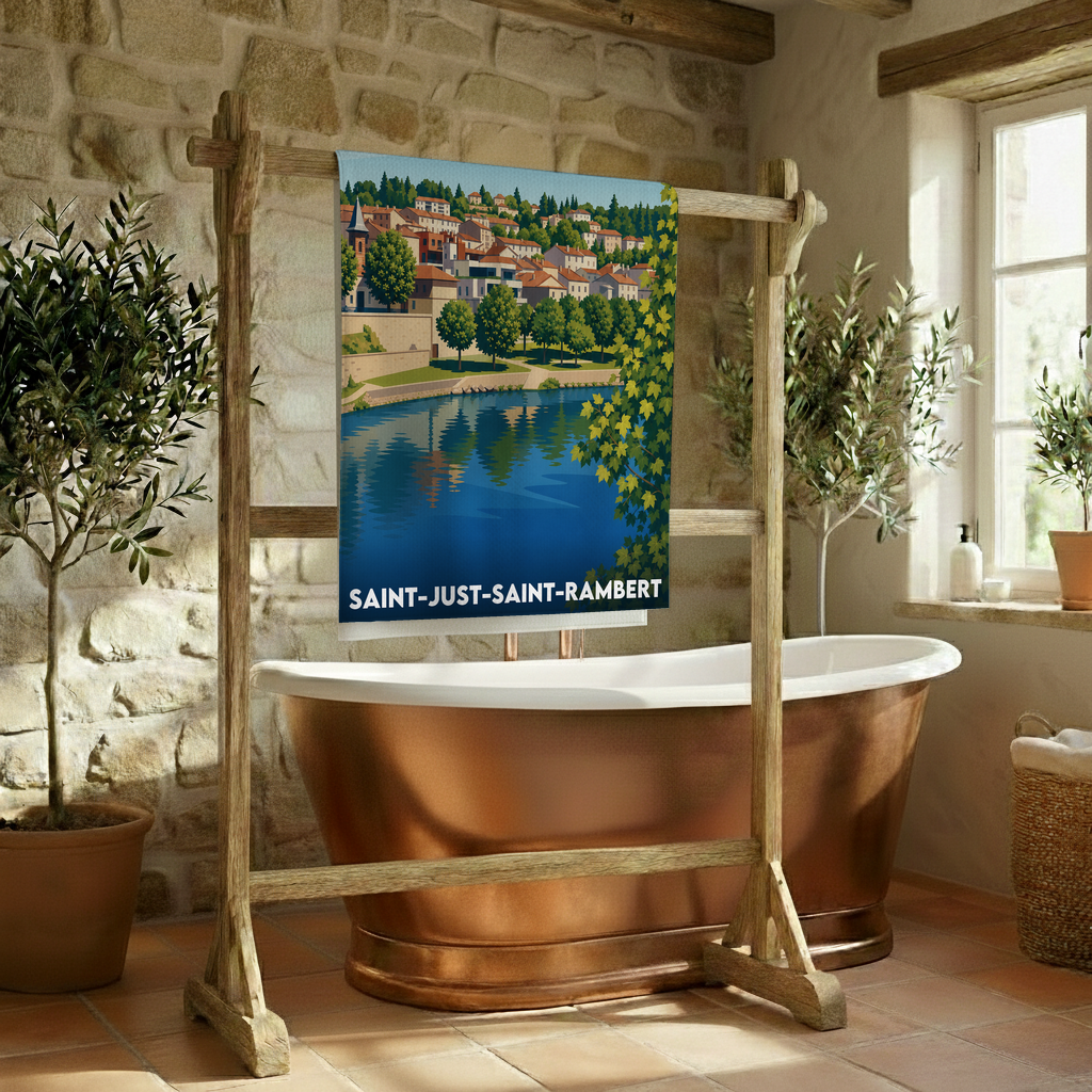 Serviette de bain souvenir de Saint-Just-Saint-Rambert avec une illustration stylisée des bords de Loire.