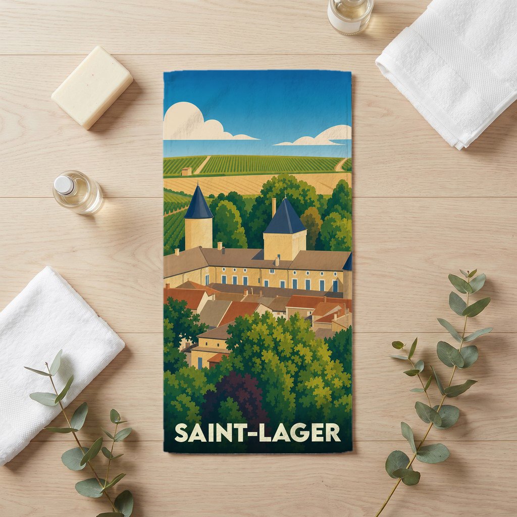 Serviette de bain souvenir de la ville de Saint-Lager avec une illustration stylisée de son paysage et de ses châteaux.