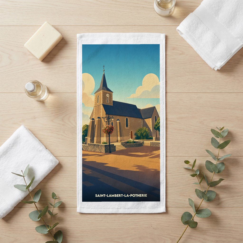 Serviette de bain souvenir de la ville de Saint-Lambert-la-Potherie avec une illustration stylisée de son église.