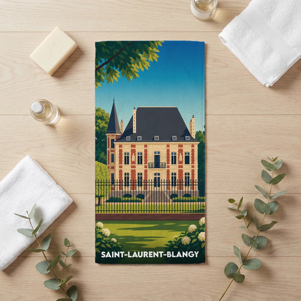 Serviette de bain souvenir de la ville de Saint-Laurent-Blangy avec une illustration stylisée d'un manoir.