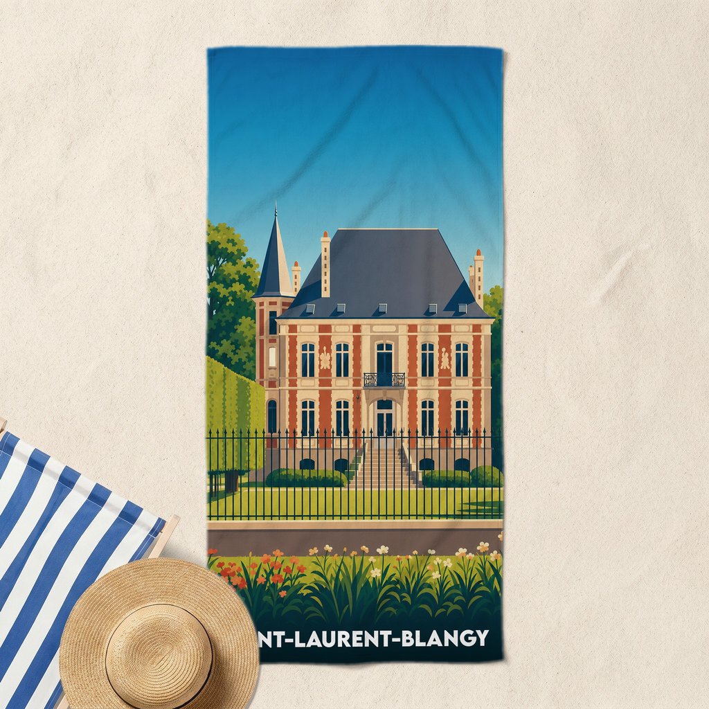 Serviette de bain souvenir de Saint-Laurent-Blangy illustrée d'un château de style classique sous un ciel bleu.