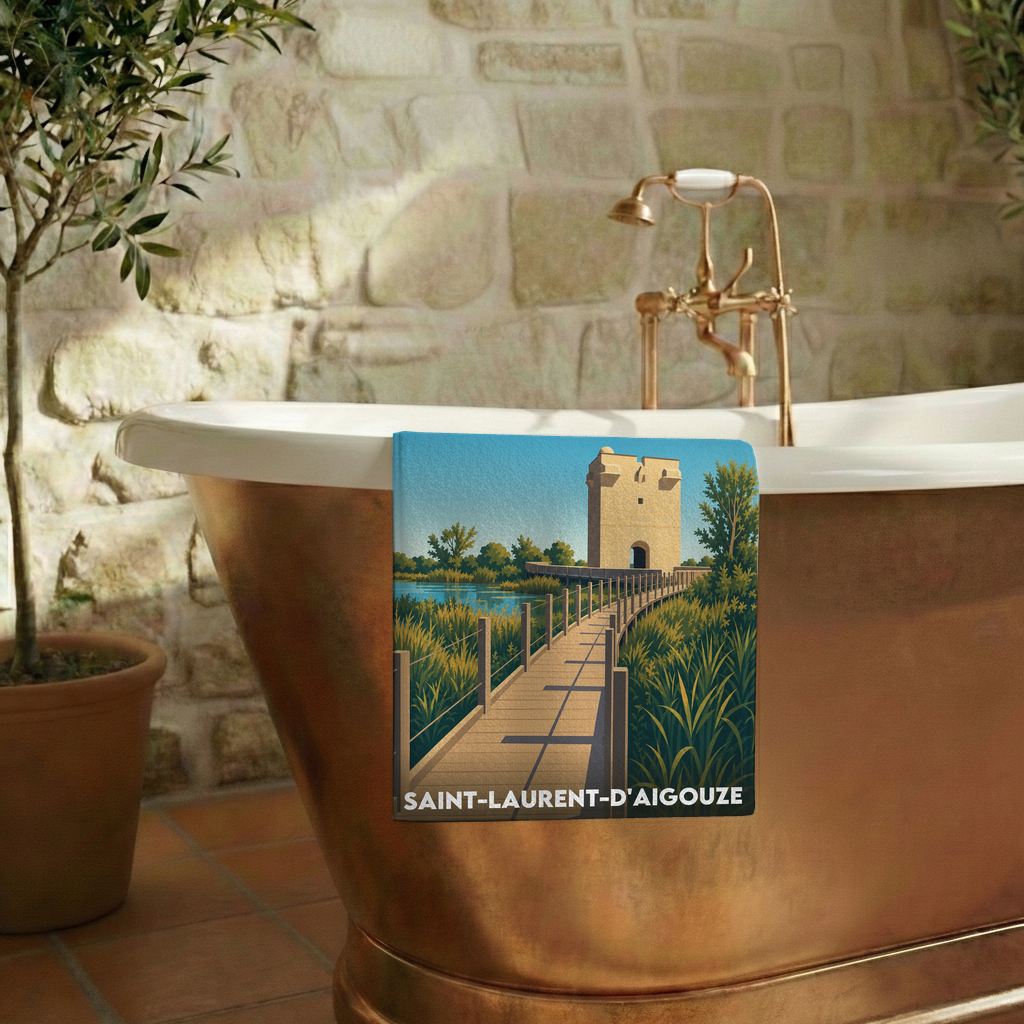 Serviette de bain souvenir de la ville de Saint-Laurent-d'Aigouze avec une illustration stylisée de la Tour Carbonnière.