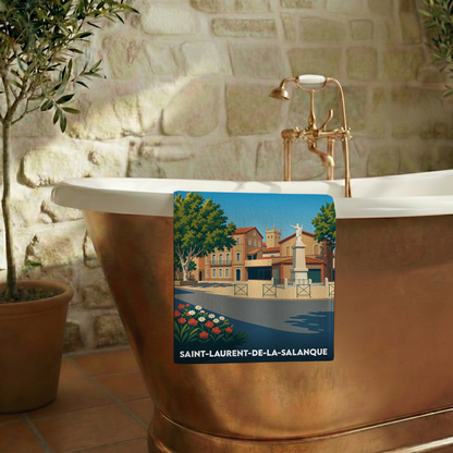 Serviette de bain souvenir de Saint-Laurent-de-la-Salanque avec une illustration stylisée de la ville.