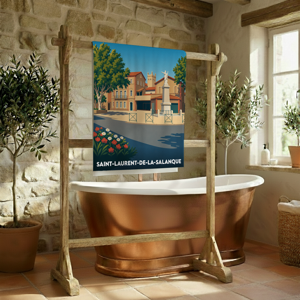 Serviette de bain souvenir de Saint-Laurent-de-la-Salanque avec une illustration stylisée de la ville.