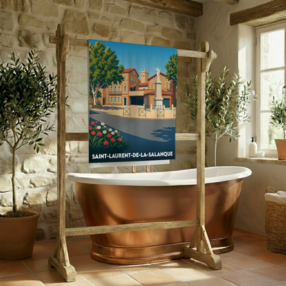 Serviette de bain souvenir de Saint-Laurent-de-la-Salanque avec une illustration stylisée de la ville.
