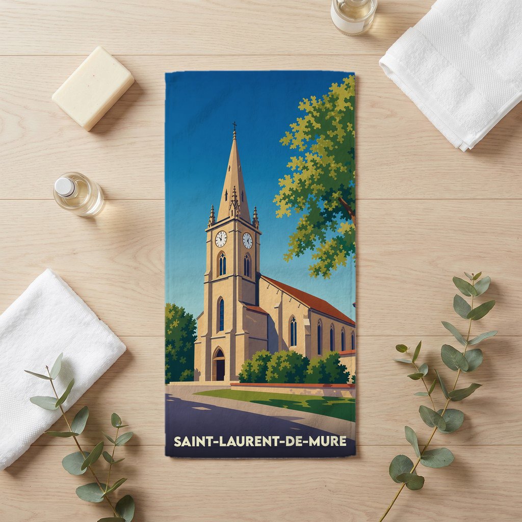 Serviette de bain souvenir de la ville de Saint-Laurent-de-Mure avec une illustration stylisée de son église.