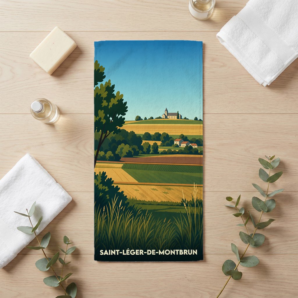 Serviette de bain souvenir de la ville de Saint-Léger-de-Montbrun illustrant un paysage champêtre stylisé.