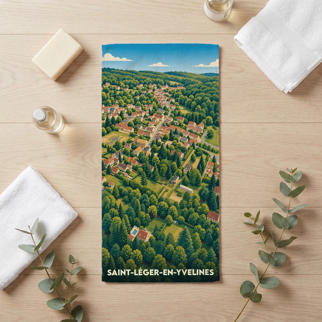 Serviette de bain souvenir de la ville de Saint-Léger-en-Yvelines avec une illustration de vue aérienne stylisée.