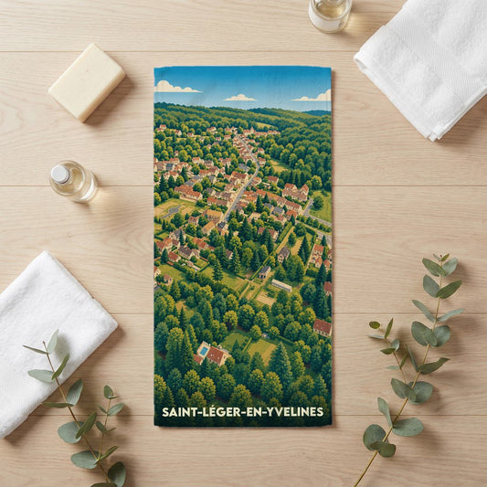 Serviette de bain souvenir de la ville de Saint-Léger-en-Yvelines avec une illustration de vue aérienne stylisée.