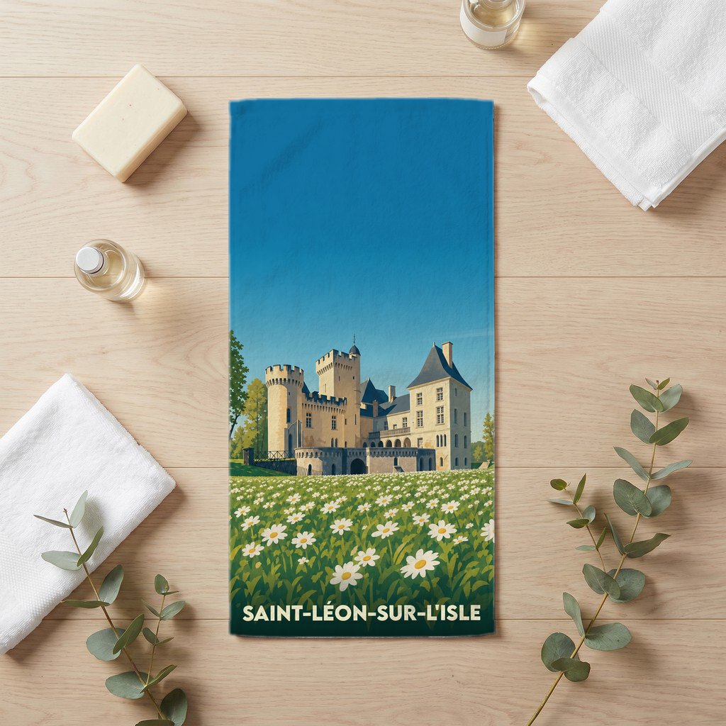 Serviette de bain souvenir de la ville de Saint-Léon-sur-l'Isle illustrée d'un château surplombant un champ de fleurs.
