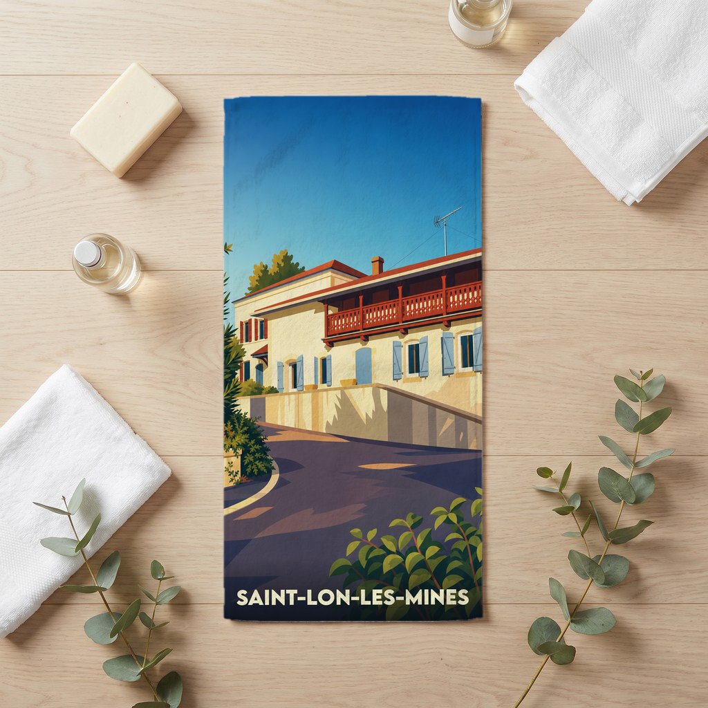 Serviette de bain souvenir de la ville de Saint-Lon-les-Mines avec une illustration stylisée d'une maison basque.
