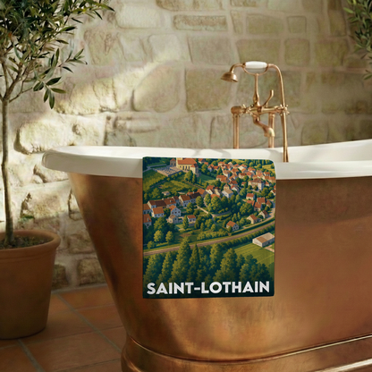 Serviette de bain souvenir de la ville de Saint-Lothain avec une illustration panoramique du village.