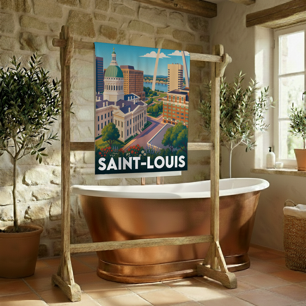 Serviette de bain souvenir de la ville de Saint-Louis avec une illustration stylisée de ses monuments.
