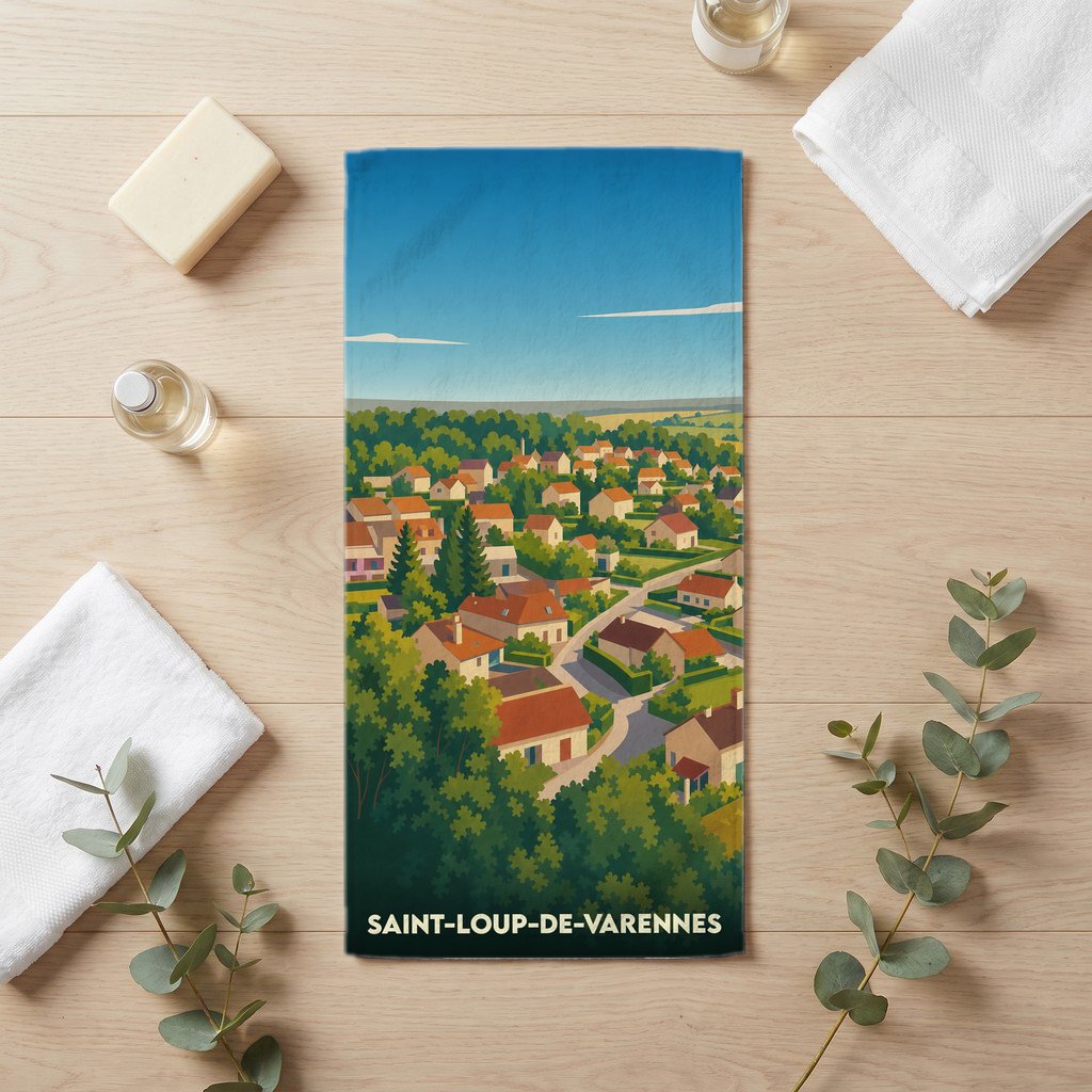 Serviette de bain souvenir de Saint-Loup-de-Varennes avec une illustration stylisée du village.