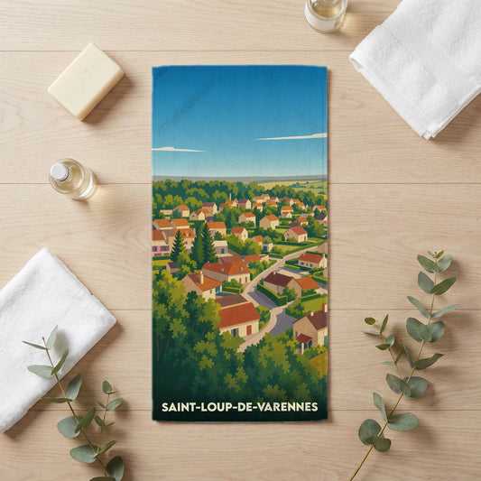 Serviette de bain souvenir de Saint-Loup-de-Varennes avec une illustration stylisée du village.