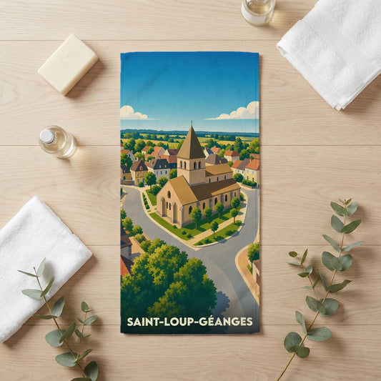 Serviette de bain souvenir de la ville de Saint-Loup-Géanges avec une illustration stylisée d'une église au cœur d'un village.