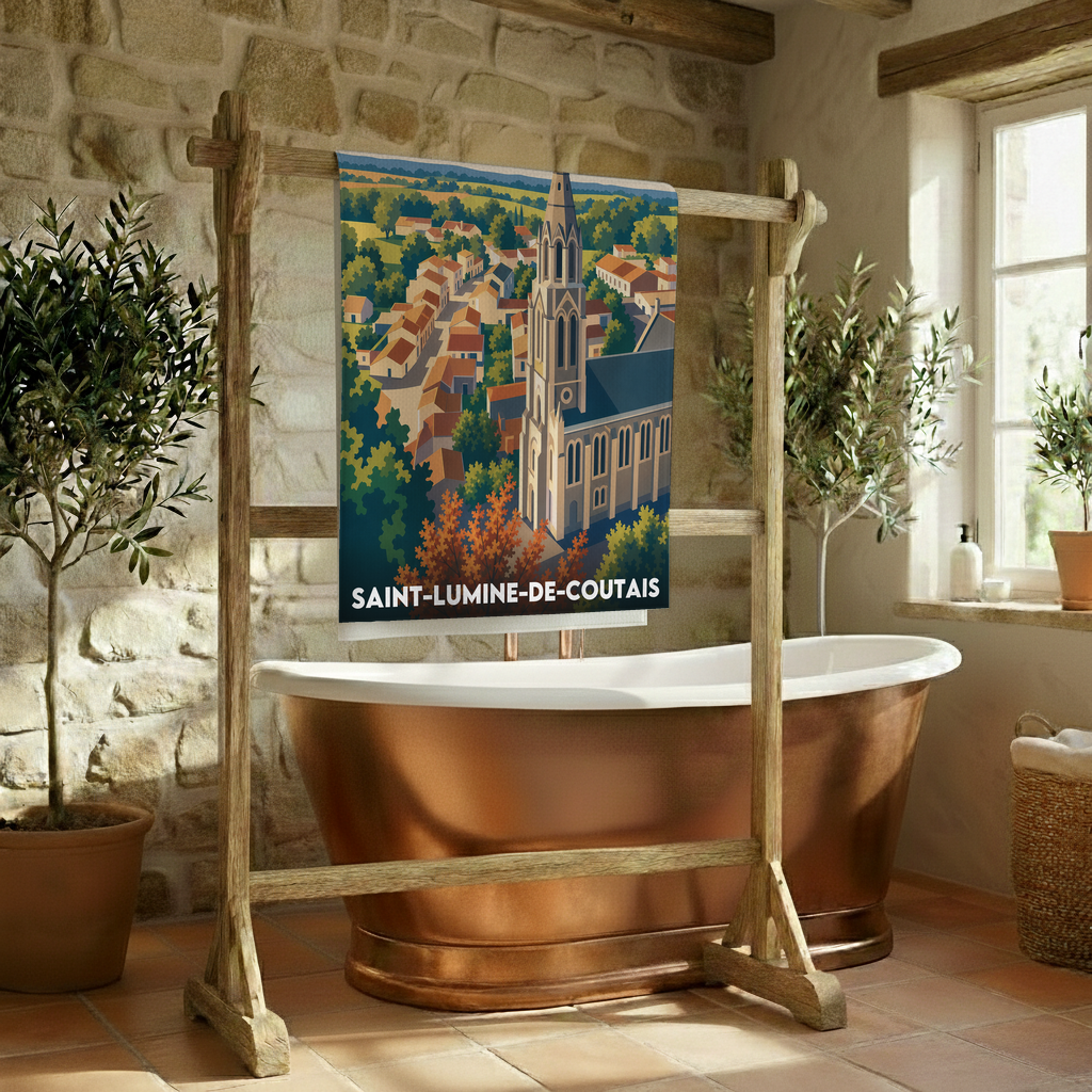 Serviette de bain souvenir de la ville de Saint-Lumine-de-Coutais avec une illustration stylisée.