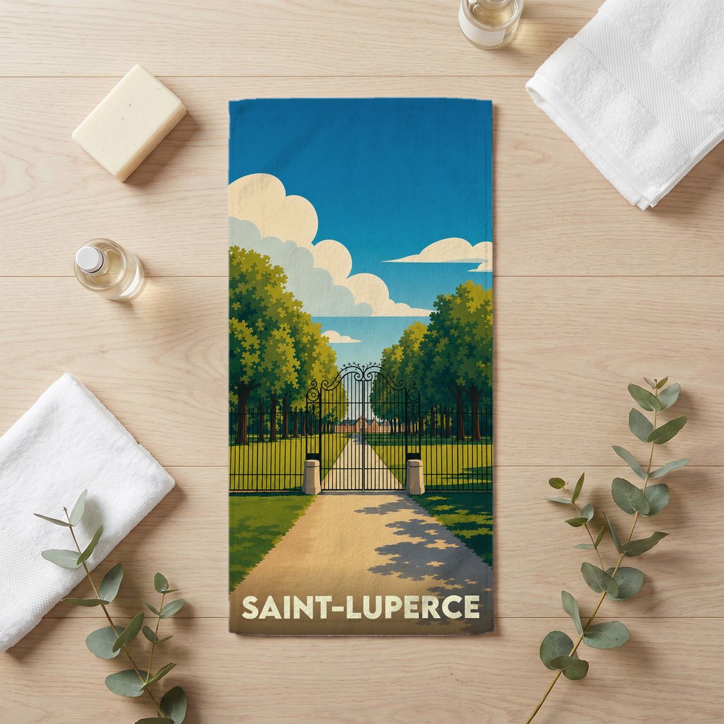 Serviette de bain souvenir de la ville de Saint-Luperce avec une illustration stylisée d'un parc.