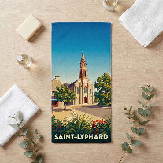 Serviette de bain souvenir de la ville de Saint-Lyphard avec une illustration stylisée de son église.