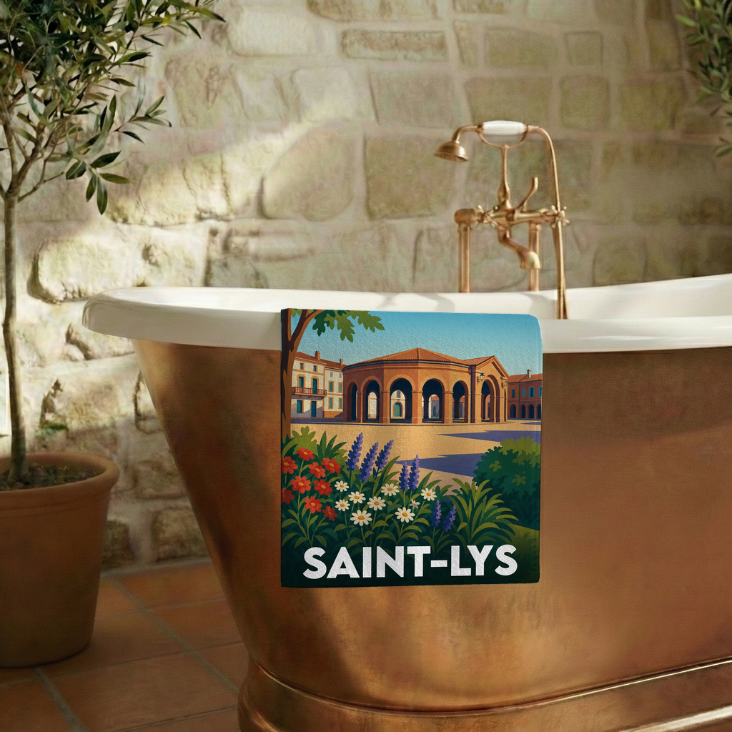 Serviette de bain souvenir de la ville de Saint-Lys avec une illustration stylisée.