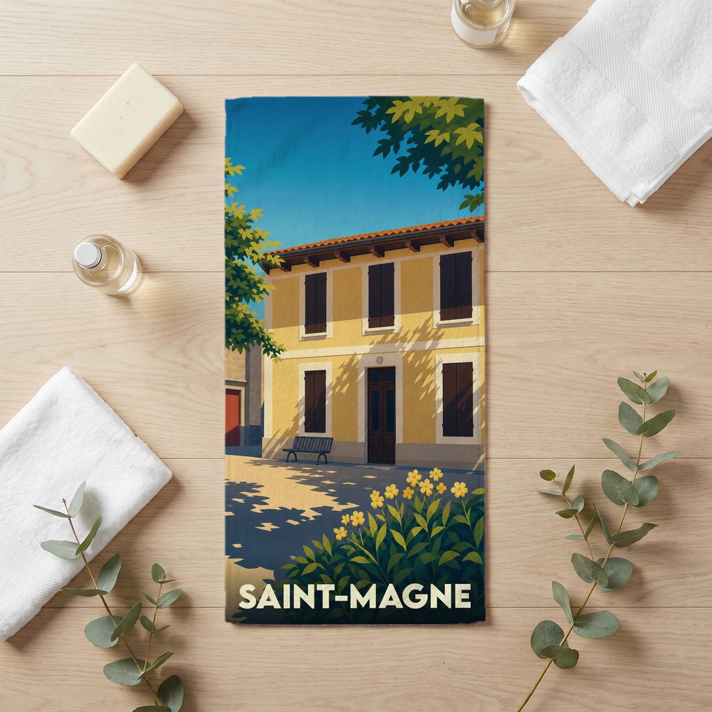 Serviette de bain souvenir de la ville de Saint-Magne avec une illustration stylisée d'une maison ensoleillée.