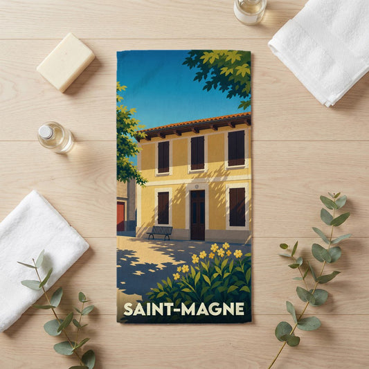 Serviette de bain souvenir de la ville de Saint-Magne avec une illustration stylisée d'une maison ensoleillée.