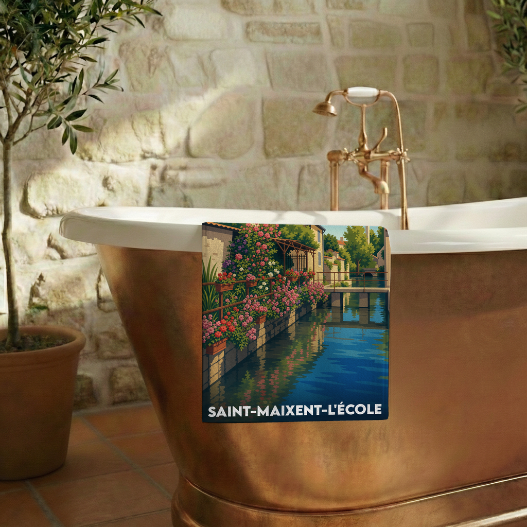 Serviette de bain souvenir de Saint-Maixent-l'École illustrée par une vue bucolique des bords de rivière fleuris.
