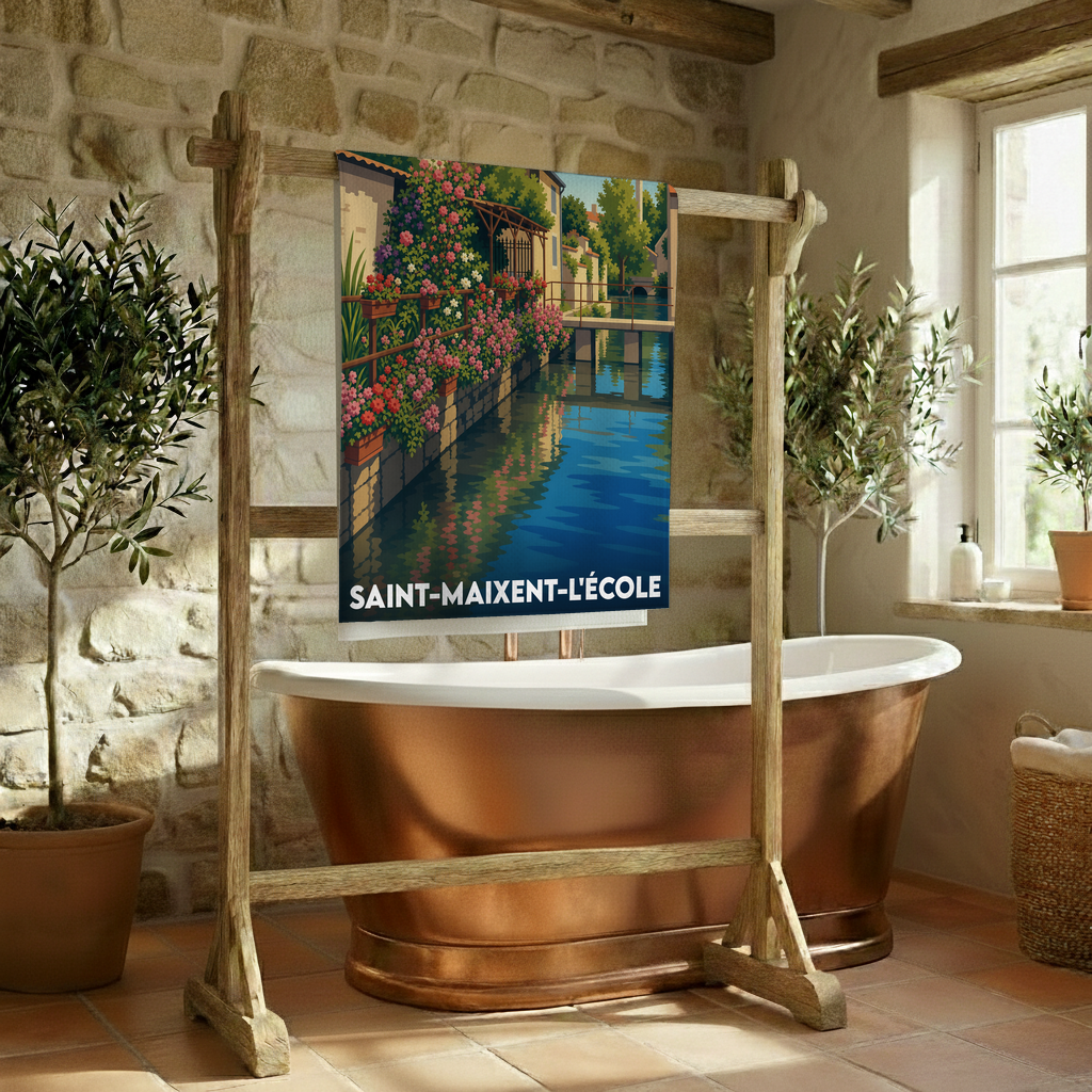 Serviette de bain souvenir de la ville de Saint-Maixent-l'École avec une illustration stylisée d'un canal fleuri.