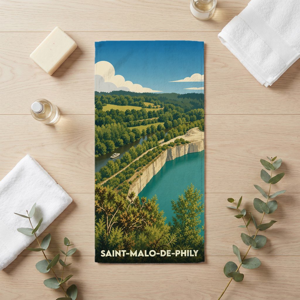 Serviette de bain souvenir de la ville de Saint-Malo-de-Phily avec une illustration stylisée de son paysage.