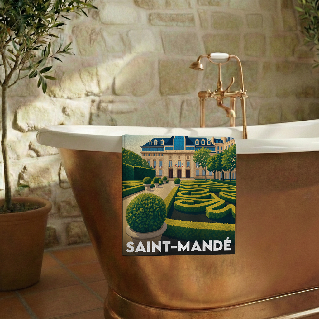 Serviette de bain souvenir de la ville de Saint-Mandé avec une illustration stylisée.