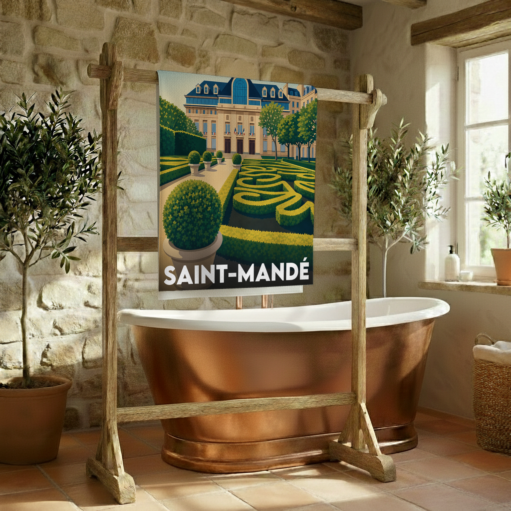 Serviette de bain souvenir de la ville de Saint-Mandé avec une illustration stylisée.