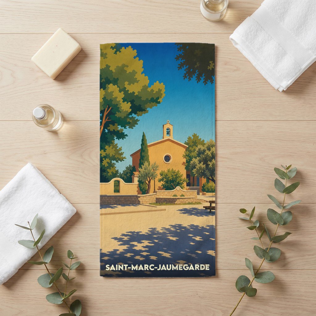 Serviette de bain souvenir de Saint-Marc-Jaumegarde avec une illustration stylisée d'une église provençale.