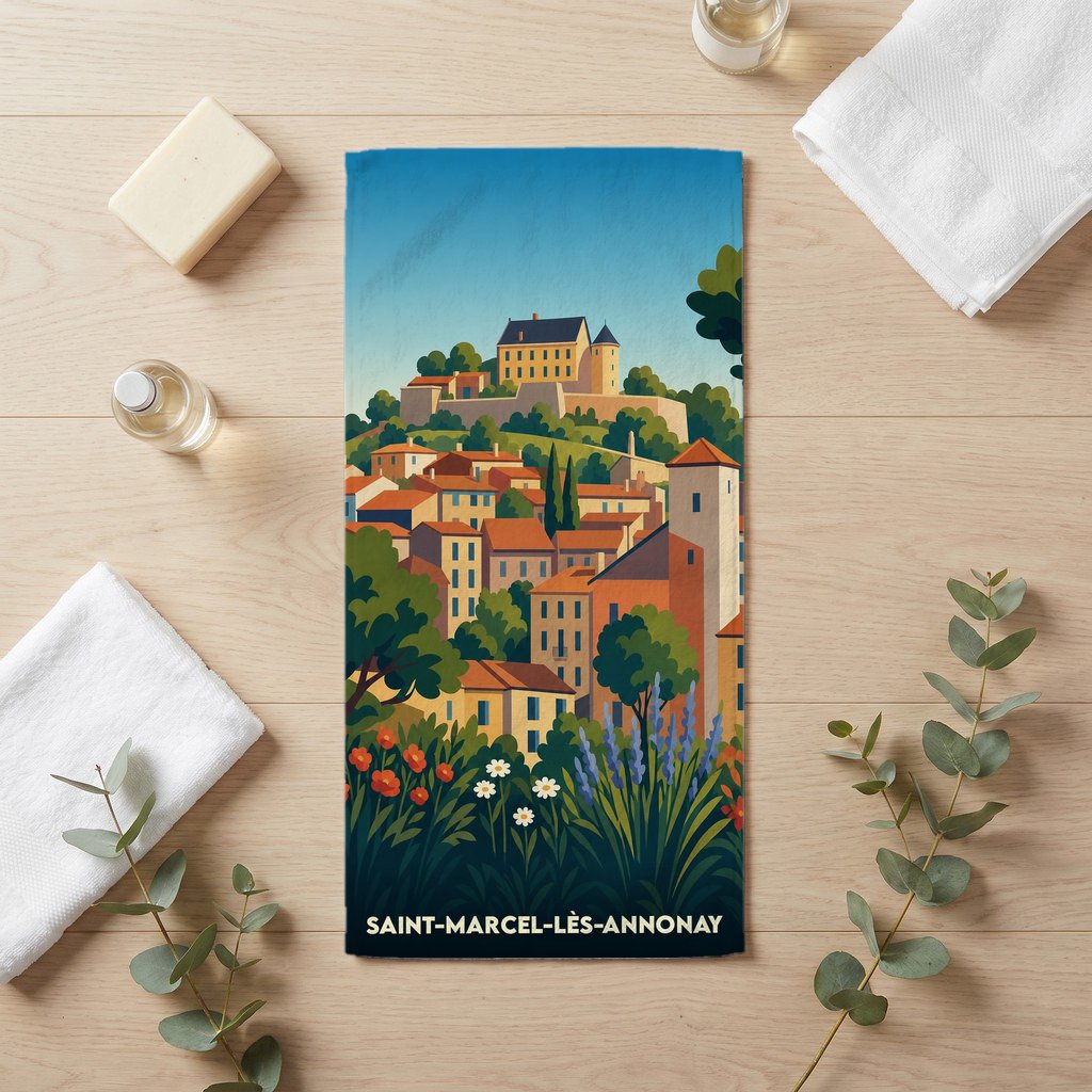 Serviette de bain souvenir de la ville de Saint-Marcel-lès-Annonay avec une illustration de paysage urbain coloré.