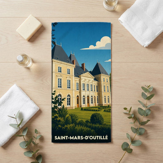 Serviette de bain souvenir de la ville de Saint-Mars-d'Outillé avec une illustration stylisée de château.
