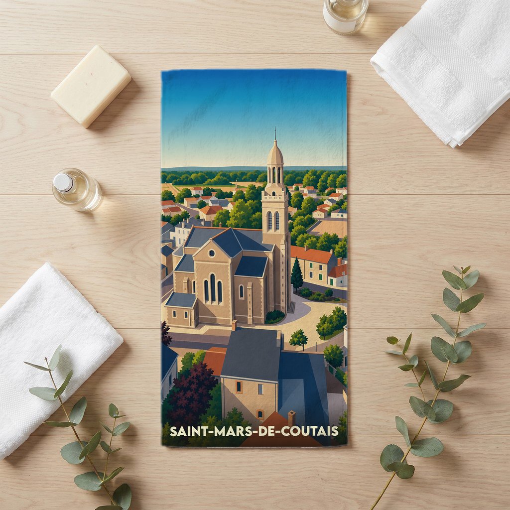 Serviette de bain souvenir de la ville de Saint-Mars-de-Coutais avec une illustration stylisée de son église et de ses environs.