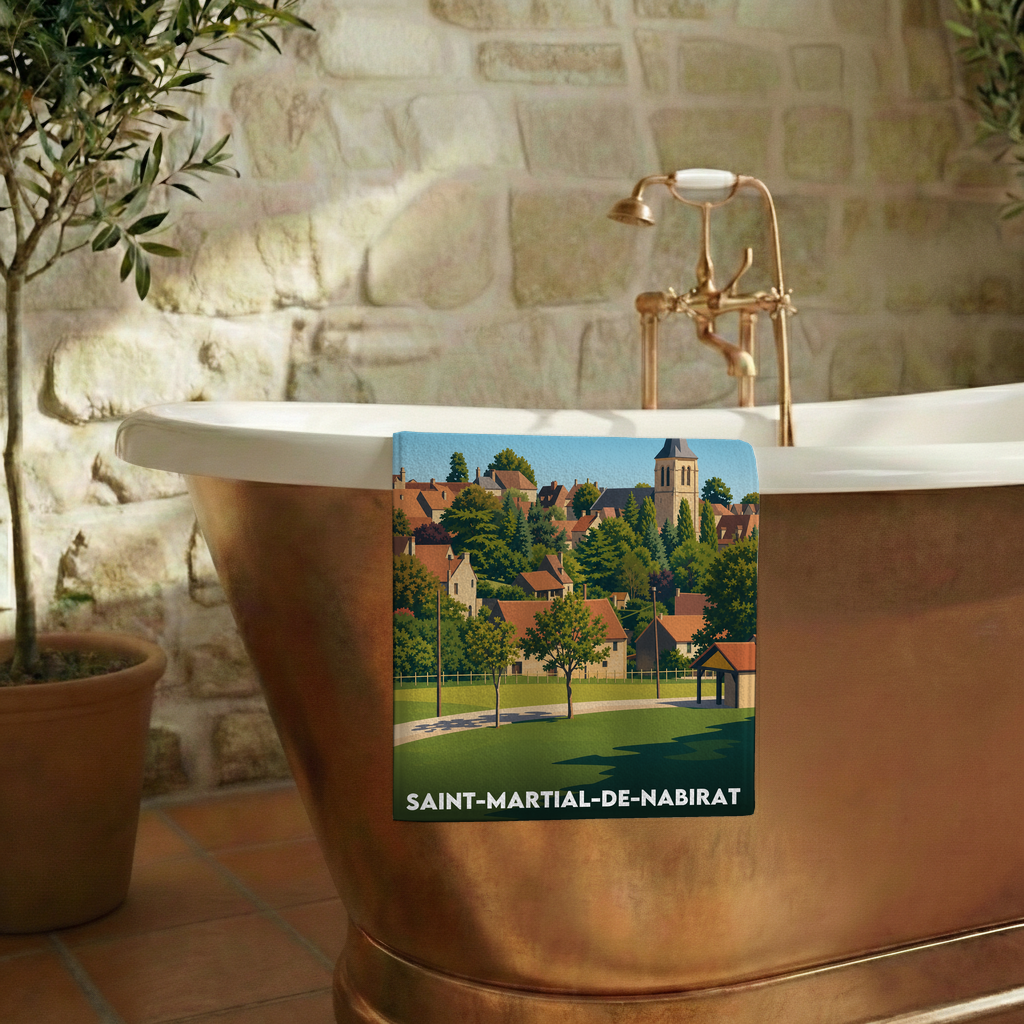 Serviette de bain souvenir de Saint-Martial-de-Nabirat avec une illustration stylisée du village.