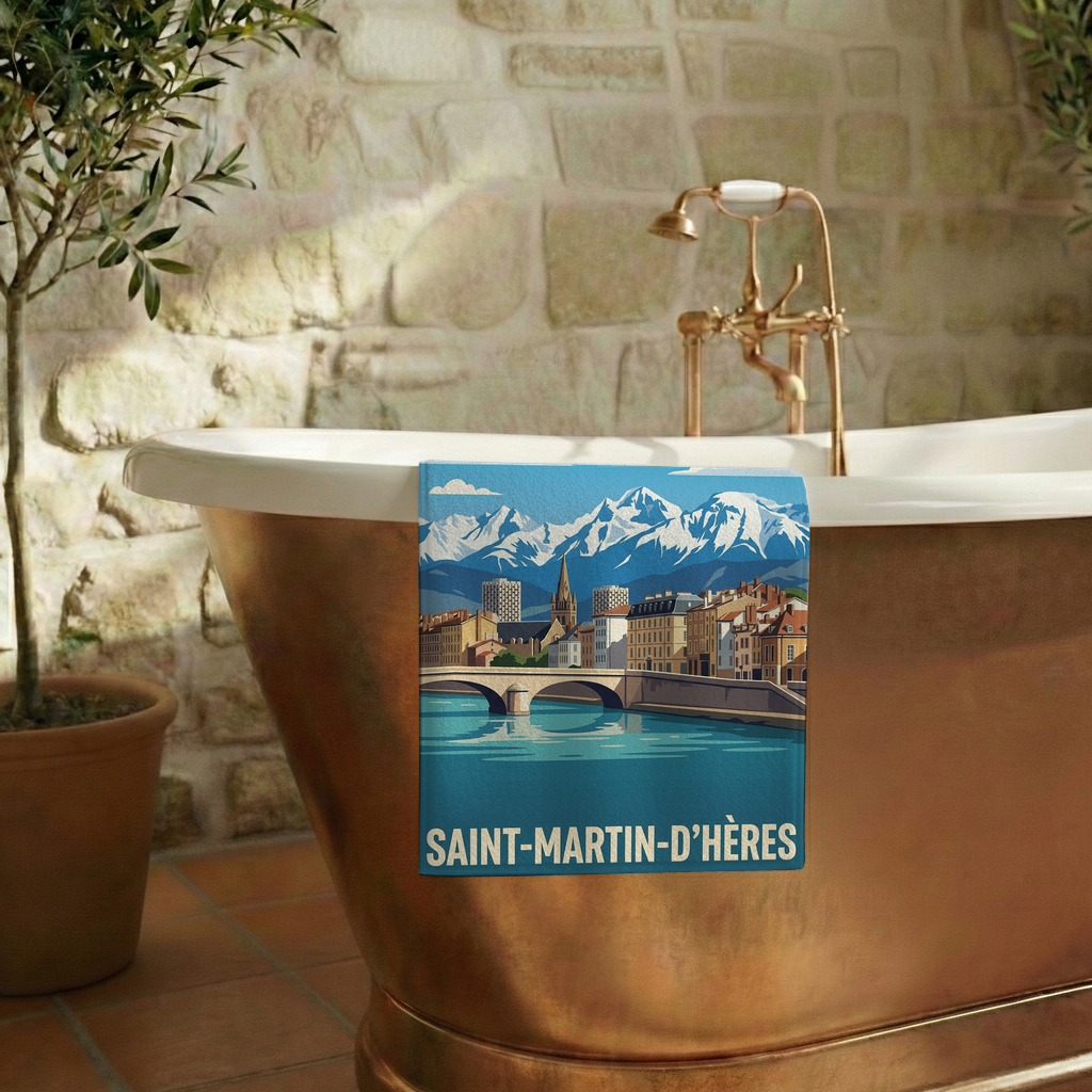 Serviette de bain souvenir de la ville de Saint-Martin-d'Hères avec une illustration stylisée.